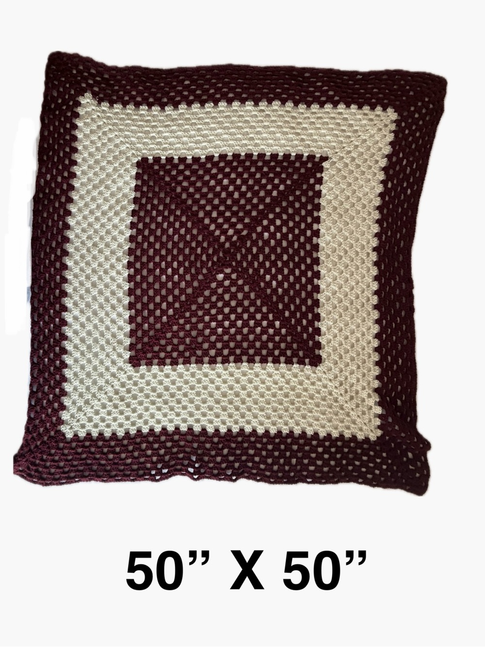 Handmade Burgundy and Cream Crochet Throw/ Blanket. 50” X 50”